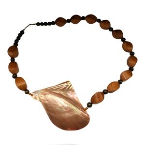 Natural Shell & Wood Bead Necklace – Organic Boho Statement, 22"